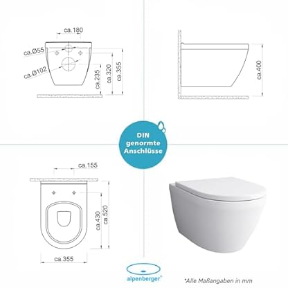 Alpenberger Toilette Spülrandlos | Wand WC mit Nano | Toilettendeckel mit Absenkautomatik | Hänge WC für Badezimmer | Moderne Gäste WC Toiletten | Tiefspüler Passend Geberit (Almeira 8200 S) – Bild 8