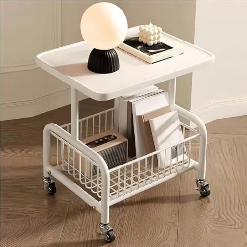 Versatile Iron Coffee Table with 360° Wheels, Movable Living Room Trolley & Storage Basket, Stylish Accent End Table for Bedroom & Balcony (Brown)