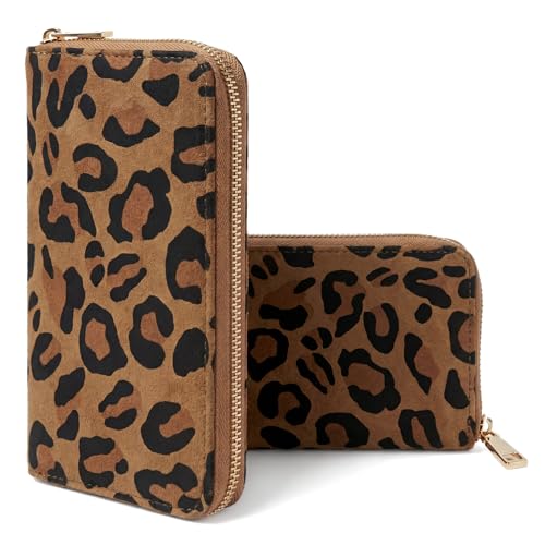 MillyMilk Savana Large Großer Leo Portemonnaie & Geldbeutel für Damen Geräumige Geldbörse im Leopard Design in Wildlederoptik Animal Print Stilvolle Clutch Wallet (Leo BRAUN)