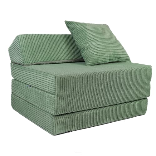 FORTISLINE - Klappmatratze 200x70x10cm mit Kopfteil & Kissen – Gästebett ausklappbar für Kinderzimmer & Camping Matratze Schaumstoff – Faltmatratze tragbar – Faltbare Matratze aus Cord – Hellgrün