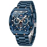 OLEVS Watches for Men Luxury Analog Wrist Watch Waterproof Stainless Steel Chronograph Casual Blue Dress Men's Watch Fashion Big face Moon Phase Square Date Men's Watches Relojes para Hombres
