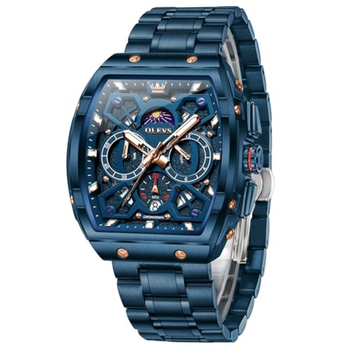 OLEVS Watches for Men Luxury Analog Wrist Watch Waterproof Stainless Steel Chronograph Casual Blue Dress Men's Watch Fashion Big face Moon Phase Square Date Men's Watches Relojes para Hombres