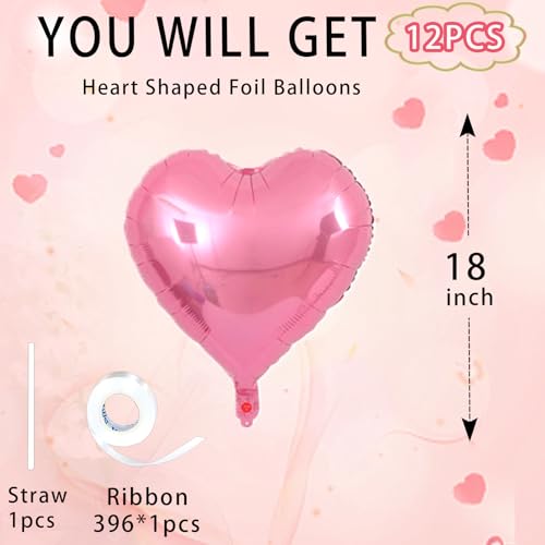 Image of Pink Heart Balloons,18inch Bright Pink Heart Shaped Foil Balloons 12Pcs Helium Mylar Balloon for Anniversary Wedding Engagement Birthday Party Baby Shower Decorations