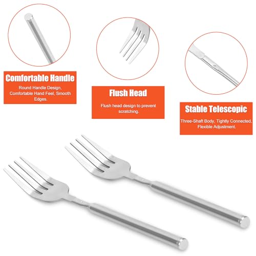 2 Stück Ausziehbare Gabel, 22-65cm Extra Langer Griff Ausziehbare Teleskopgabel Edelstahl Einziehbare Menügabel für Dessert Obst Grillen Geschirrzubehör