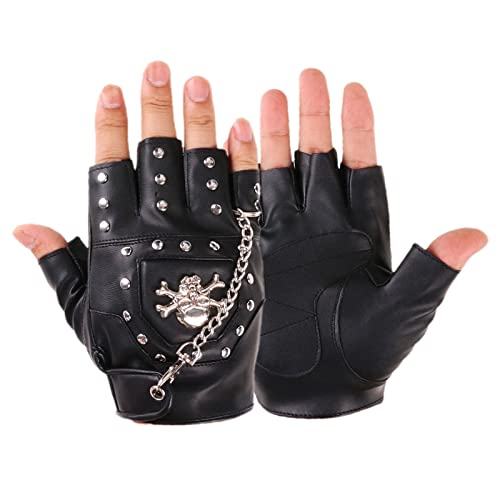 LIANXUE Half Finger Punk Rivets PU Leather Gloves Black Biker Gloves with Metal Chain for Motorcycles Fingerless Dancing Mittens Black PU Leather