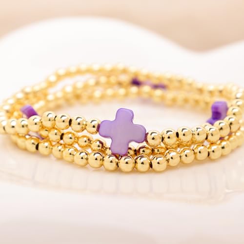 Rainbow Mom Cross Stack Bracelets Set for Women, 3Pcs Handmade Gold Beaded Stretch Bracelet Everyday Fashion Jewelry Gift.4