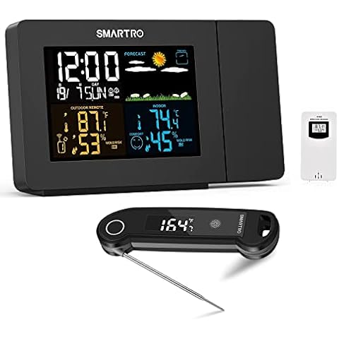 SMARTRO SC91 Projection Alarm Clock for Bedrooms with Weather Station and ST49 Instant Read Meat Thermometer Black Cover