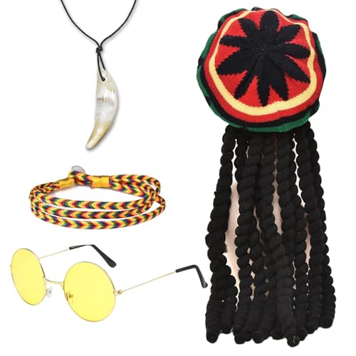 FUIPVGI 4 Piezas Sombrero Rasta Dreadlocks con Pulsera Trenzada de Gafas Amarillas, Collar, Sombrero Reggae Rasta, Accesorios de Peluca Rastas...