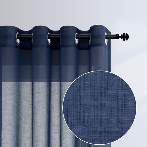 Navy Blue Curtains 63 Inch Length for Kids Bedroom 2 Panel Grommet Light Filtering Faux Linen Lightweight Coastal Farmhouse Sheer Curtain for Kitchen Living Room Window Toddler Teen Boys Gamer 63 Long