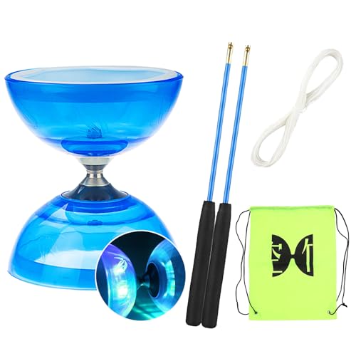 Diabolo avec Roulement à Billes - Kit de Jonglerie Triple Roulement avec Clignotant et Corde de Rechange de 10 m - Barre Professionnelle - Sac de Rangement - Bleu