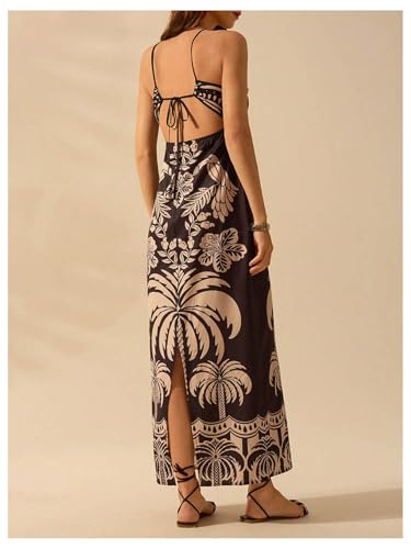 Image of SHENHE Women's Tropical Print Halter Neck Maxi Dress with Cutouts and Tie Knot at Backless and Split Hem