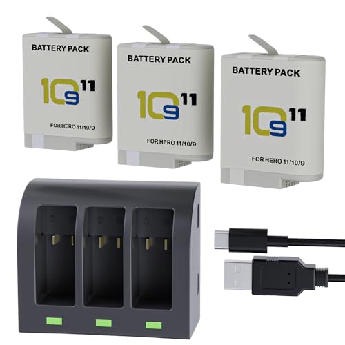 F1TP Confezione da 3 batterie Hero 12/11/10/9 da 2000 mAh e caricabatterie USB a 3 canali compatibile con Go pro Hero 12 11 10 9 nero