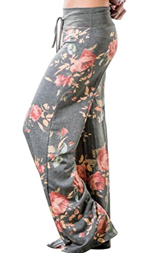 Image of AMiERY Women's Comfy Casual Pajama Pants Floral Print Drawstring Palazzo Lounge Pants Wide Leg