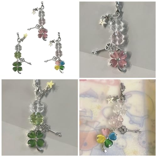 Handmade Beaded Phone Chain Four Leaf Clovers Cellphone Charm Colorful Keyring Pendant Accessory for Phone Key and Bag
