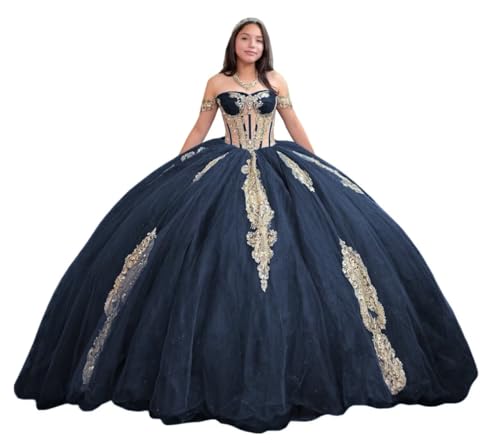 Youjiayi Gold Appliques Quinceanera Dresses with Train Puffy Tulle Beaded Sweet 16 Dress Off Shoulder Beaded Long Ball Gown