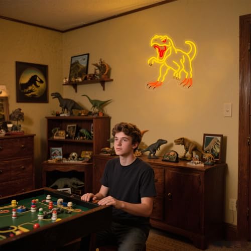 Image of Dinosaur Neon Wall Light - Gold T-Rex LED Decor for Man Cave, Game Room, Dinosaur Party, Gifts for Men /Teens, 14.5x13.6 inch USB Powered