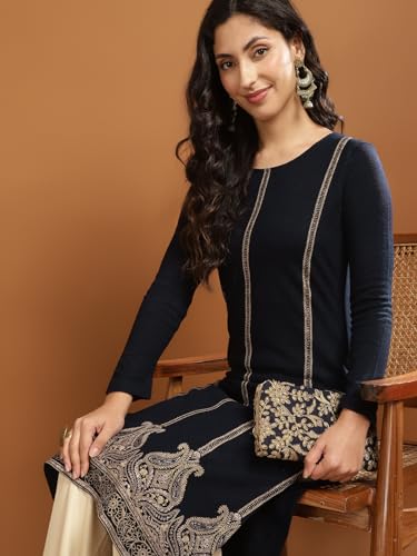 Image of rangita Navy Acrylic Calf Length Printed Straight Kurti for Women | Kurta for Women
