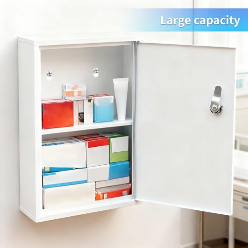 Botiquín de pared con cerradura, organizador compacto de acero para primeros auxilios, caja vacía para almacenamiento en baño, cocina o armario, 12,6 x 8,5 x 3,1 pulgadas, blanco miniatura 4