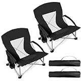 Joyfair Large Beach Camping Chair (2 Pack), Big Outdoor Folding Chairs for Adults, Heavy Duty Mid-Height Portable Chair for Fishing, Lawn, Sport, Cup Holder & Storage Pocket, Carry Bag (Black)