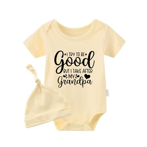 Image of YSCULBUTOL Baby Twins Bodysuit I Take After My Grandpa Newborn Clothes Infant Twin Romper Unisex Outfits With Hat(Yellow 9m)