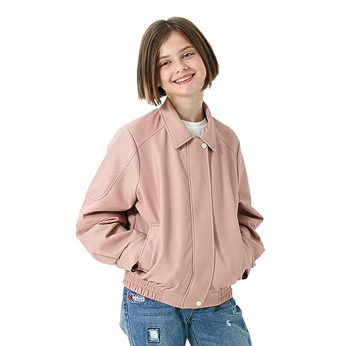 Rolanko Girls Faux Leather Jacket Kids Zip Up Motorcycle Biker Outerwear Coat Pleather Bomber Jacket with Pockets 5-15 Years3