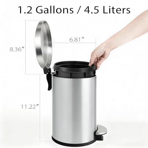 TIPGO Small Trash Can with Lid Soft Close, 4.5 Liters / 1.2 Gallon Bathroom Garbage Can, Mini Step Trash Bin, Stainless Steel Wastebasket for Bathroom, Bedroom, Office (Silver) by TIPGO - Image 5