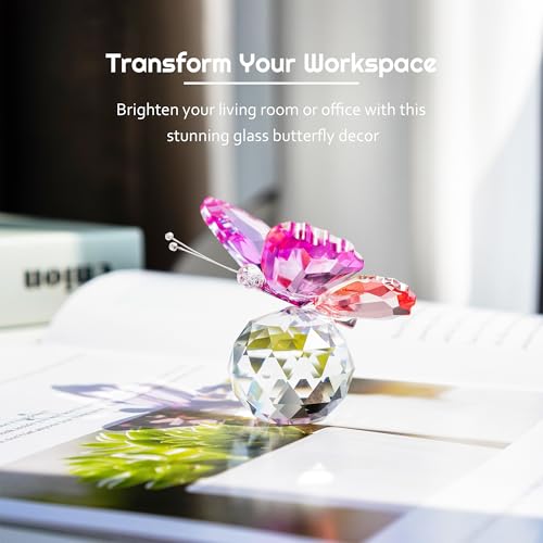 Image of Rose Red and Pink Crystal Butterfly with Ball Base Figurine Decor | Rose Red and Pink Crystal Butterfly Figurine with Ball Base Glass Animal Ornament for Home Office Desk Shelf Display