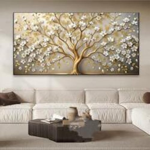 Toile fleur blanche et arbre riche doré de prestige | Art mural sur cadre 55x110