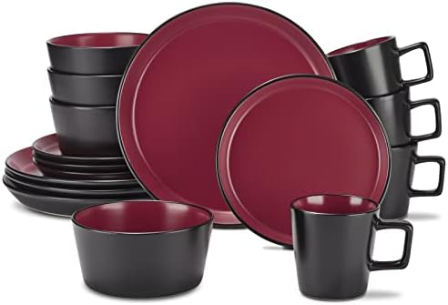 CREATIVELAND Round Stoneware Dinnerware Set Durable Kitchen and Dining,16 Piece Service For 4,Pasta Bowls,Large Salad Bowls,Porcelain Bowl,Wide and Shallow,Microwave and Dishwasher Safe. (Red)