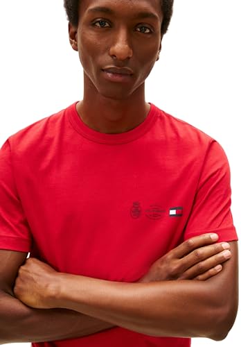 Tommy Hilfiger Herren T-Shirt Kurzarm Small Crest Outline mit Rundhalsausschnitt, Rot (Medium Red), M