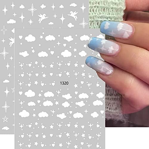 White Clouds Nail Art Stickers Sparkles 3D Self-Adhesive Nail Decals 6 Sheets Colorful Cloud Stars Moon Heart Design Nail Stickers For Women Girls Diy Acrylic Nails Decoration Manicure Tip #TOP2