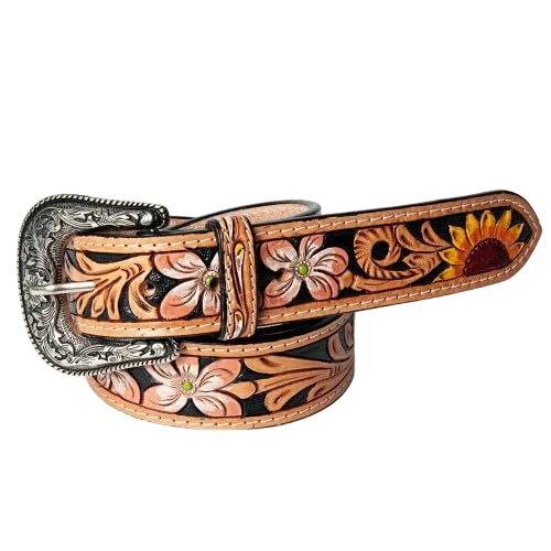 American Darling 40'' Hand Tooled Genuine Leather Western Belt – Floral Carved Cowgirl Belt with Adjustable Fit - ADBLF124-L