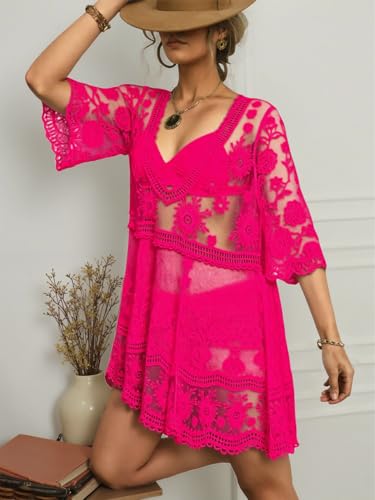 Image of Eomenie Women's Contrast Lace Bathing Suit Cover Up V-Neck Swimsuit Coverups Loose Swimwear Beach Dress Beachwear