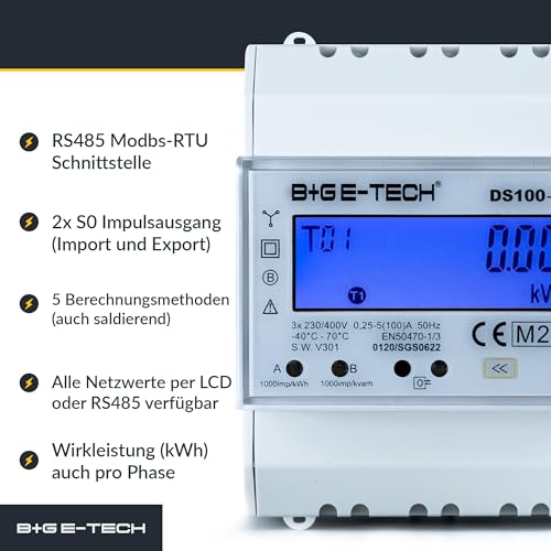 Drehstromzähler [DS100-00B - MID 26] digitaler 3 Phasen zweirichtungs Stromzähler für Hutschiene (4TE) mit LCD, RS485 Modbus RTU und 2x S0 Impuls, MID geeicht, 100A direkt, Einspeisezähler/Wattmeter