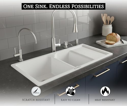 Image of EVANEX Quartz Sink for Kitchen|45x20x9 inch Double Bowl Kitchen Sink with Drain Board|Matt Finish|White Quartz Kitchen Sink with Sink Connector, Waste Pipe, Coupling and Drain Basket