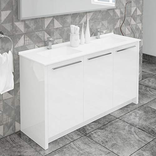 Casa Mare 63 Inch Wood Double Sink Bathroom Vanity In White | Pre-Assembled | Acrylic Countertop | Soft Closing Doors | Chrome Handles | Modern European Freestanding Cabinet | Undermount Dual Sink #TOP1