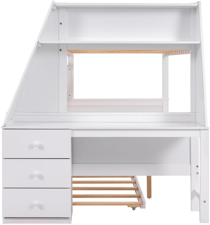 Twin Over Full Bunk Bed with Trundle and Built-in Desk, Wooden Multifunction Bunk Bed Frame with 3 Storage Drawers and Shelf, Safety Guardrail and Ladder, Bedroom Furniture for Teens Adults, White