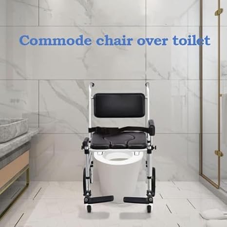 Bedside Commode with Wheels, Folding Raised Toilet Seat, Aluminium Shower Chair with Casters, Upholstered Over Toilet Commode Wheelchair