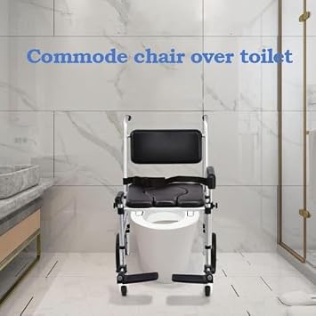Bedside Commode with Wheels, Folding Raised Toilet Seat, Aluminium Shower Chair with Casters, Upholstered Over Toilet Commode Wheelchair