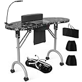 WELLHUT Manicure Table Portable Nail Table Desk with LED Nail Lamp, Elctric Dust Collector, Wrist Rest, Lockable Wheels, Folding Manicure Station for Nail Techs with Carry Bag