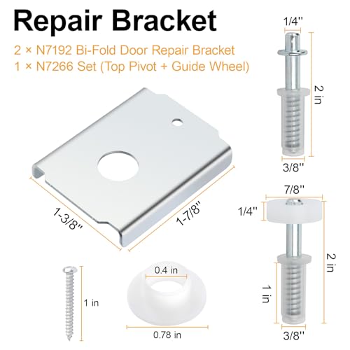 Bifold Door Repair Kit, N7192 Bi-Fold Door Repair Bracket and N 7266 Bi-Fold Door Top Pivot and Guide Wheel, for 1-3/8 in Wood Bifold Door Hardware Replacement Parts