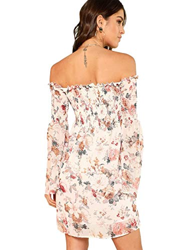 Romwe Women's Casual Floral Print Off Shoulder Trumpet Sleeve Swing Dress White X-Large #TOP8