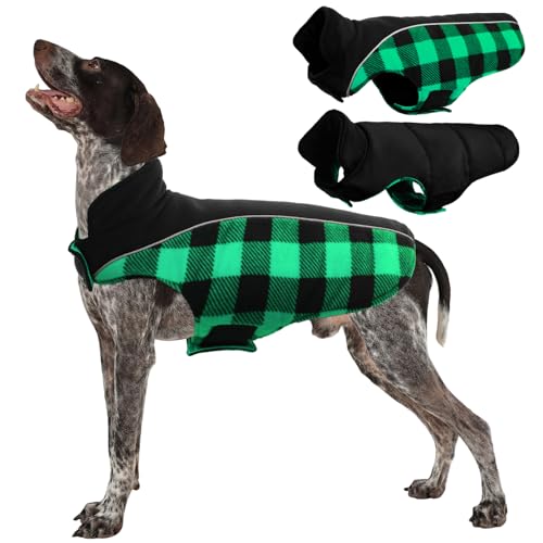 Kuoser Dog Winter Coat, Reversible Waterproof Dog Jacket with Reflective Strip, Warm Dogs Fleece Vest Adjustable Doggy Cold Weather Clothes Plaid Christmas Outfit Pet Apparel for Large Dogs, Green L