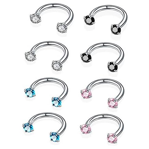 Piercingpops 8PCS 16G Stainless Steel Cubic Zirconia Circular Horseshoe Septum Ring Cartilage Tragus Rook Piercing Nose Ring Set (8PCS - 20G 5/16" Steel Mix Color CZ) Cover