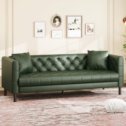 GarveeHome 81 in Leather Couch for Living Room, Modern Sofa Couch with Deep Seat and 2 Pillows, Handmade Button Tufted 3 Seater Sofa, Leather Sofa for