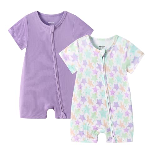 Bafeicao Baby 2 Pack Bamboo Viscose Sleeper Romper Soft Ribbed Short Sleeve 2 Way Zipper Summer Pajamas Clothes,purple, 12-18M