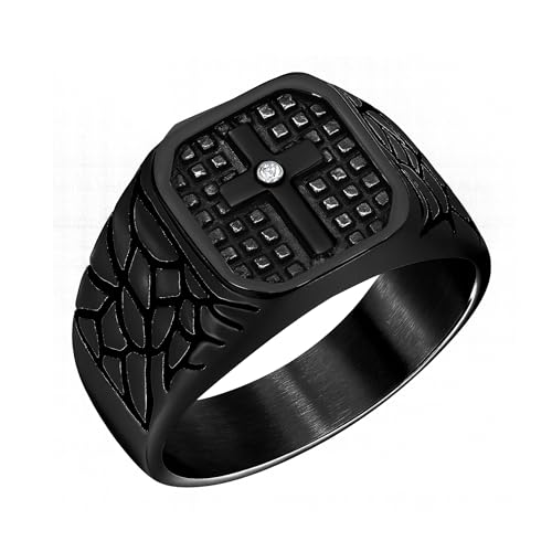 Uloveido Anillo Cruz Gótico Biker para Hombres Acero Inoxidable Anillo de Sello Estilo Vintage Ajuste Cómodo Declaración Fe Espiritual YA5825 (Negro, Talla 14)