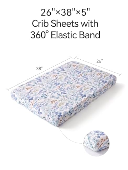 TILLYOU Muslin Mini Crib Sheets 2 Pack, Pack and Play Mattress Sheets Fitted for Pack N Play, 38'' x 26'' Sheet for Toddler, Blue Flower