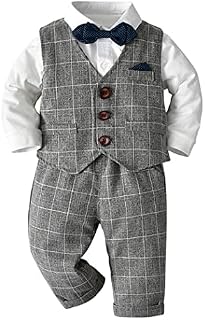 Baby Boy Formal Outfit Gentleman Romper Tuxedo Onesie Bowtie White Shirt Tops Pants Vest Wedding Wear Birthday Suit 3-6 Months Grey