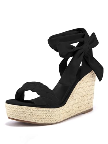 Image of Syktkmx Womens Braided Wedge Espadrille Sandals Lace Up Slingback Open Toe Summer Platform Heeled Shoes